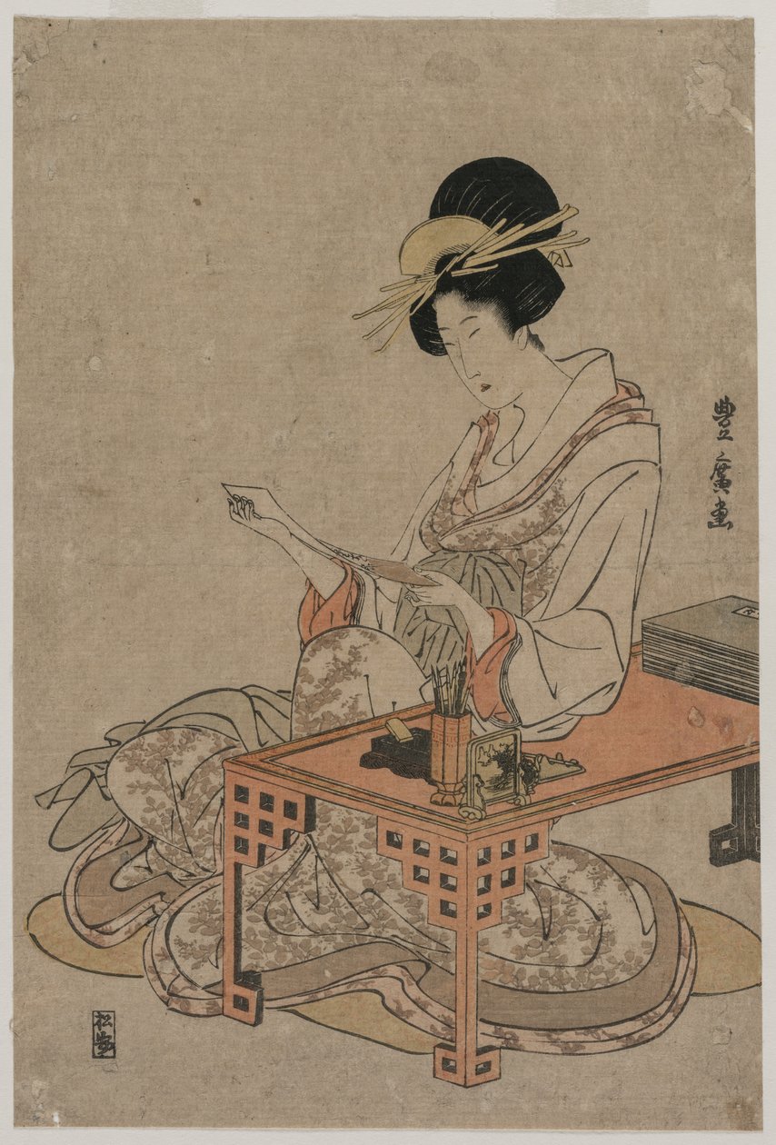 Courtesan som sitter vid ett skrivbord av Utagawa Toyohiro