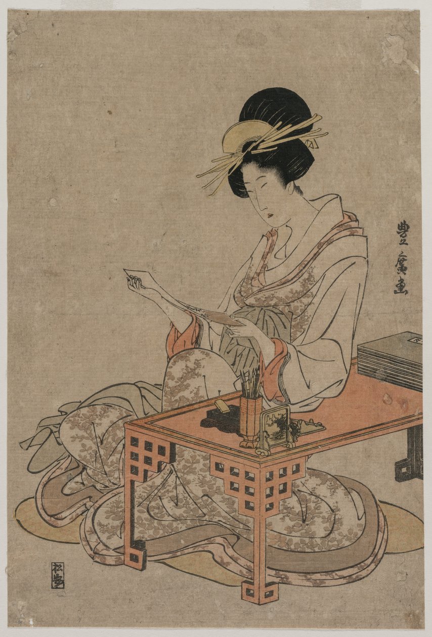 Courtesan som sitter vid ett skrivbord, ca. sent 1790-tal. av Utagawa Toyohiro