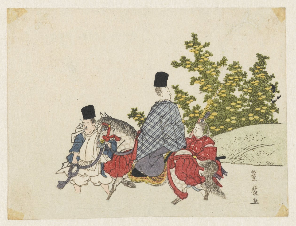 Hovmästare till häst som springer en bäck av Utagawa Toyohiro
