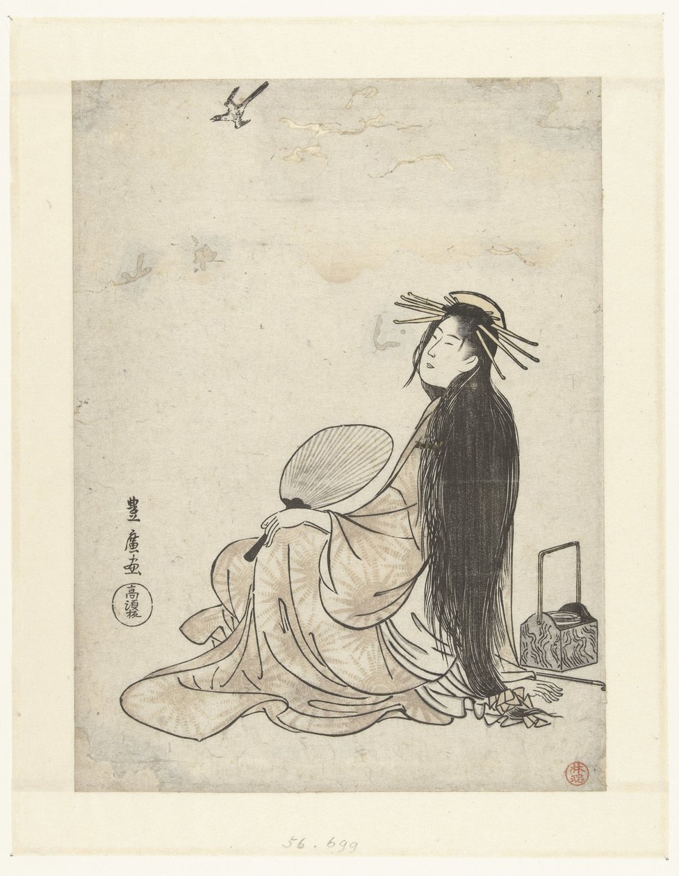 Courtesan med fläkt och rökredskap som tittar upp på göken av Utagawa Toyohiro