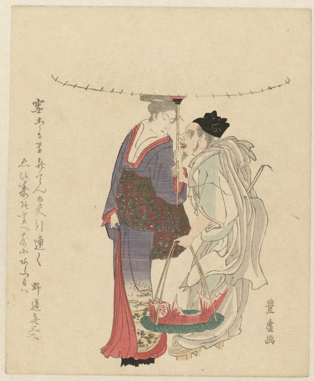 Lyckaguden Ebisu med en kvinna av Utagawa Toyohiro