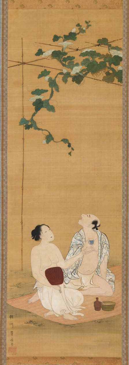 Njuter av kvällssval under en kalebasspaljé, tidigt 1800-tal. av Utagawa Toyohiro