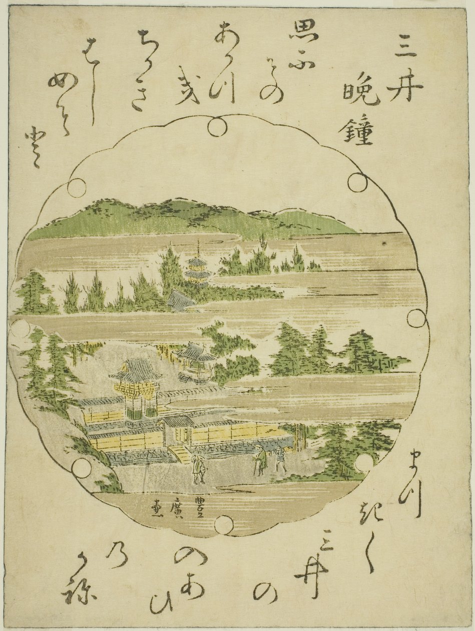 Evening Bell at Mii Temple (Mii no bansho), från en titellös serie av Eight Views of Omi av Utagawa Toyohiro
