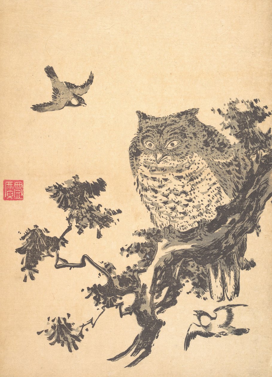 Uggla och två svalor. av Utagawa Toyohiro