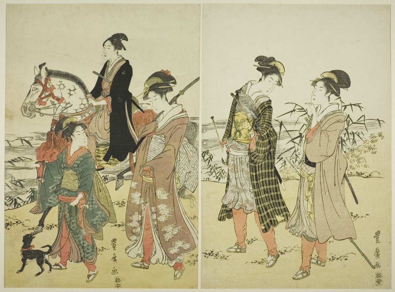 Parti av falkonerare nära floden av Utagawa Toyohiro