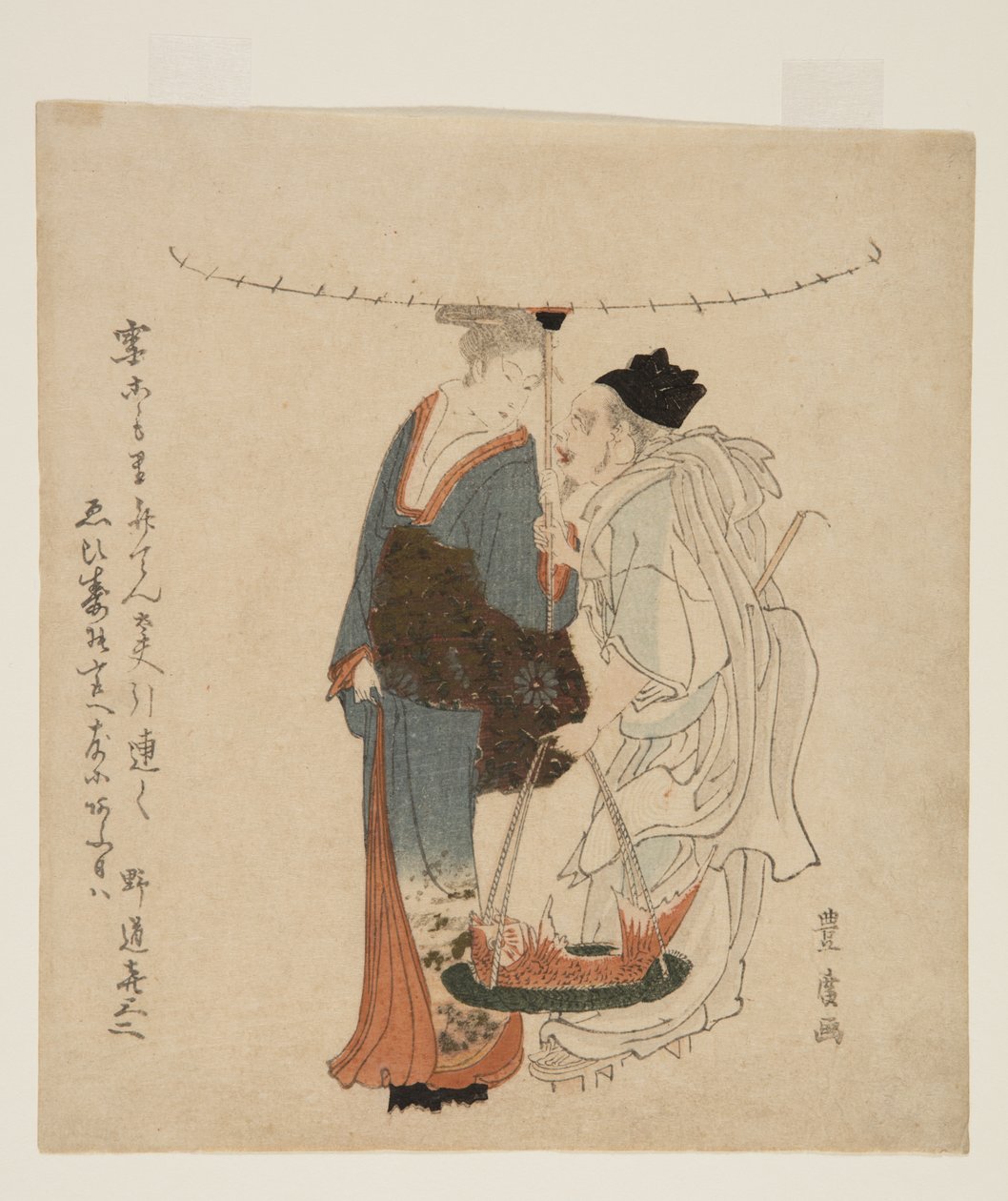 Guden Ebisu går med en ung kvinna i snön (träblock i färg) av Utagawa Toyohiro