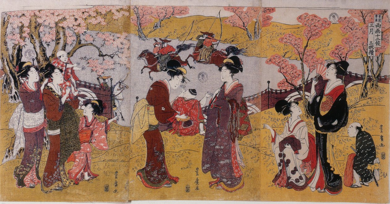 Den tredje månaden, Triptyk från serien Tolv månader av två konstnärer, 1801 av Utagawa Toyohiro