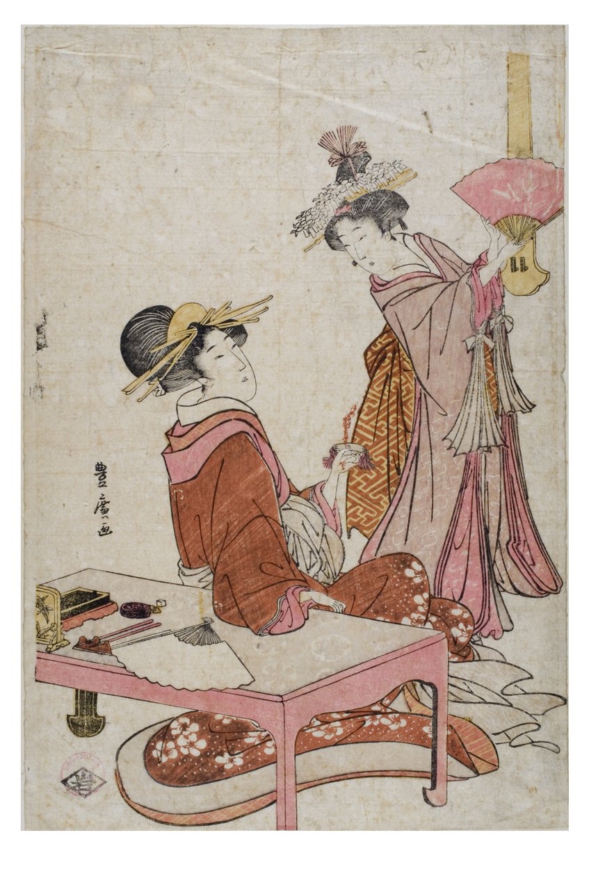 Två kvinnofigurer med fans av Utagawa Toyohiro