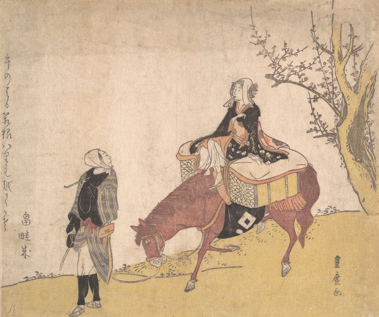 Version av Legend of Michizane: kvinna som rider häst som en man leder. av Utagawa Toyohiro