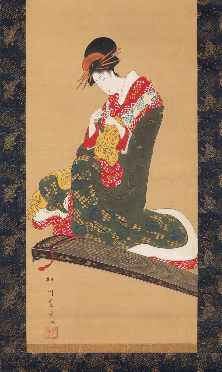 Kvinna som sätter på fingerplektrum för att spela Koto, tidigt 1800-tal. av Utagawa Toyohiro