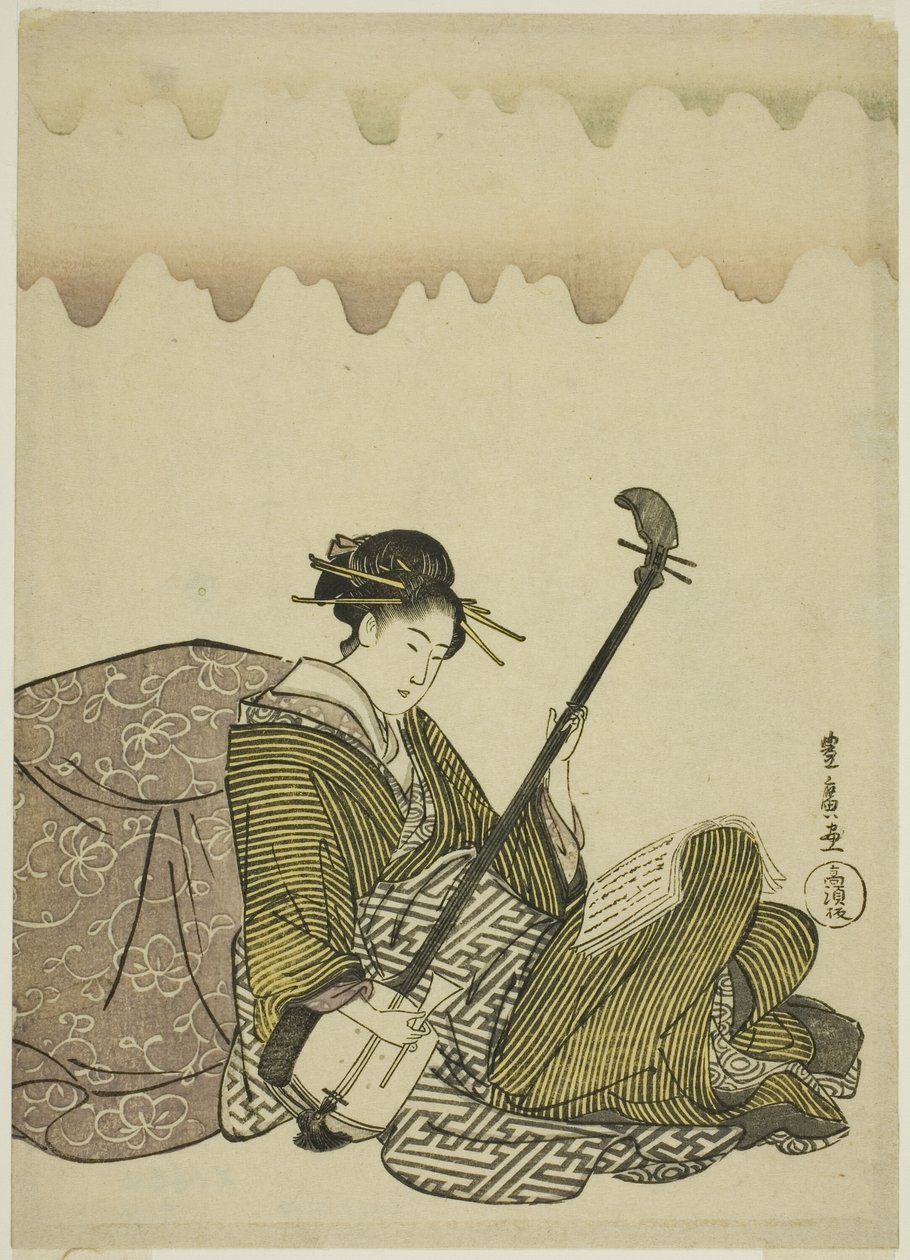 Kvinna som spelar shamisen, från en titellös serie kvinnor på fritiden av Utagawa Toyohiro
