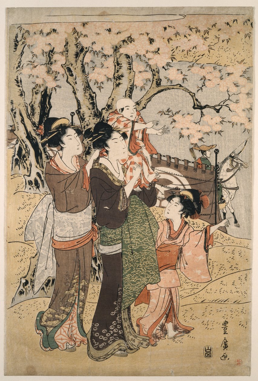 Kvinnor och barn tittar på bågskytte i mars av Utagawa Toyohiro