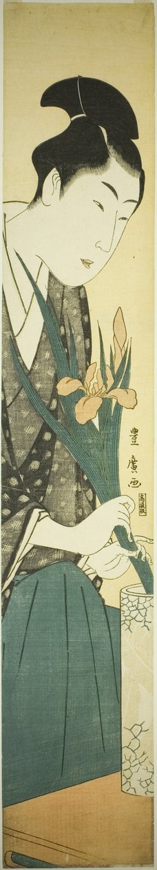 Ung man som ordnar iris i en vas av Utagawa Toyohiro