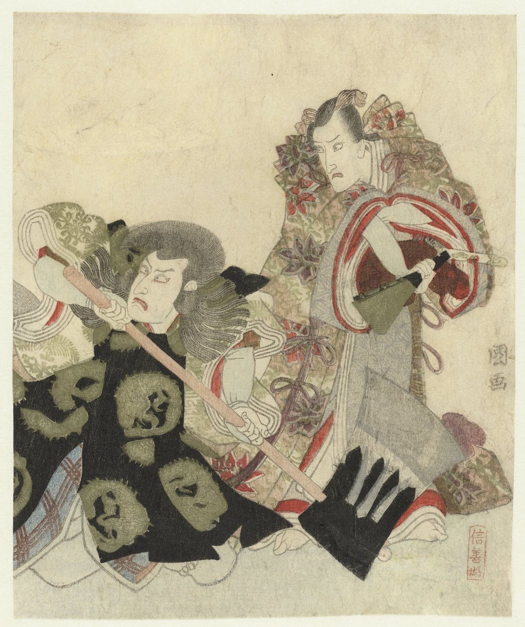 Ichikawa Danjûrô VII som Yoshimune no Munesada med fläkt och Ichikawa Omezô som Sekibei med yxa av Utagawa Toyokuni (I)