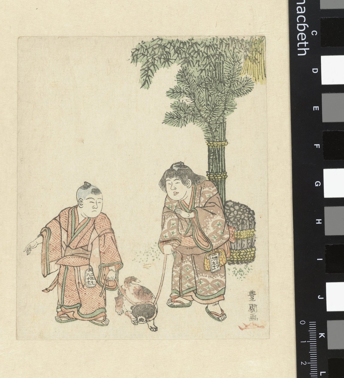 Två pojkar med en hund av Utagawa Toyokuni (I)
