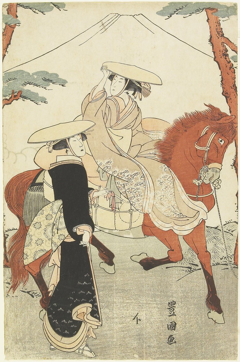 (Två kvinnor, en går, en till häst), sent 1700-tidigt 1800-tal av Utagawa Toyokuni