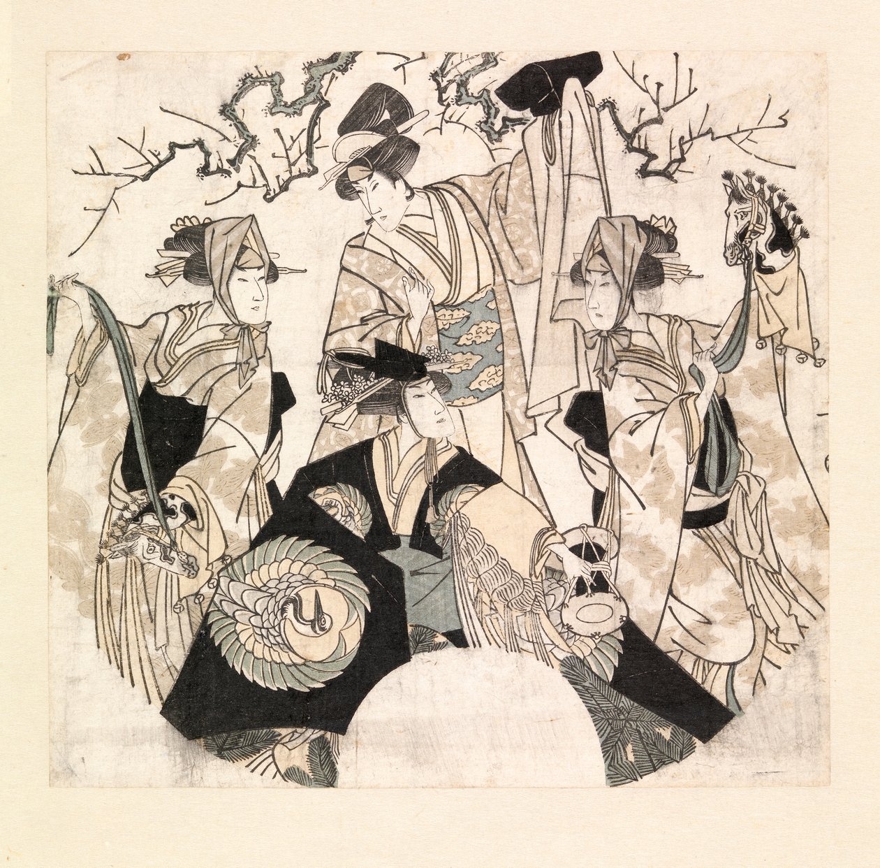 Skådespelare som utför scendans av de fyra Onnagatorna, ca 1800-05 (träsnitt i färg) av Utagawa Toyokuni