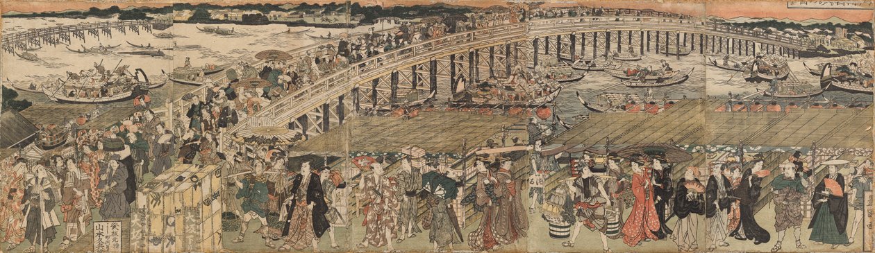 Svalkar av vid Ryōgoku-bron i Edo, en Pentaptyk av Utagawa Toyokuni