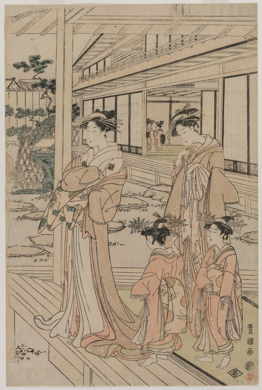 Courtesan som står på en veranda av Utagawa Toyokuni