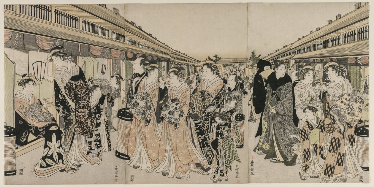 Kurtisaner som promenerar på Nakanochō av Utagawa Toyokuni