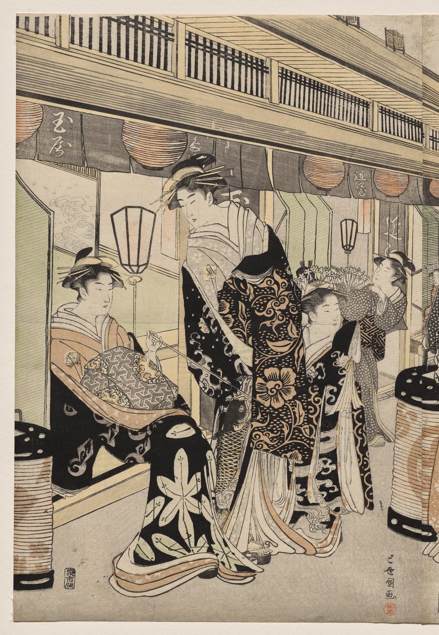 Kurtisaner som promenerar på Nakanochō av Utagawa Toyokuni
