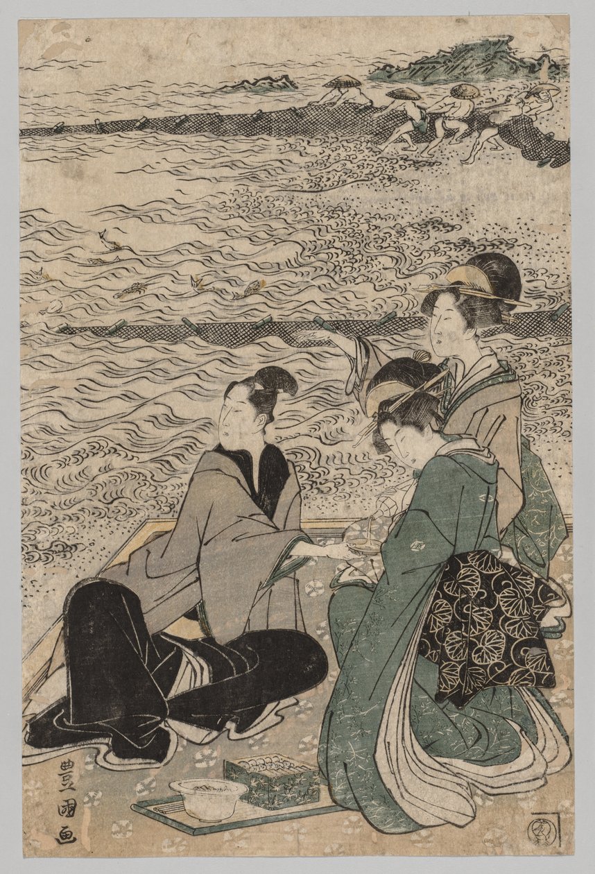 Man och två kvinnor vid havet av Utagawa Toyokuni