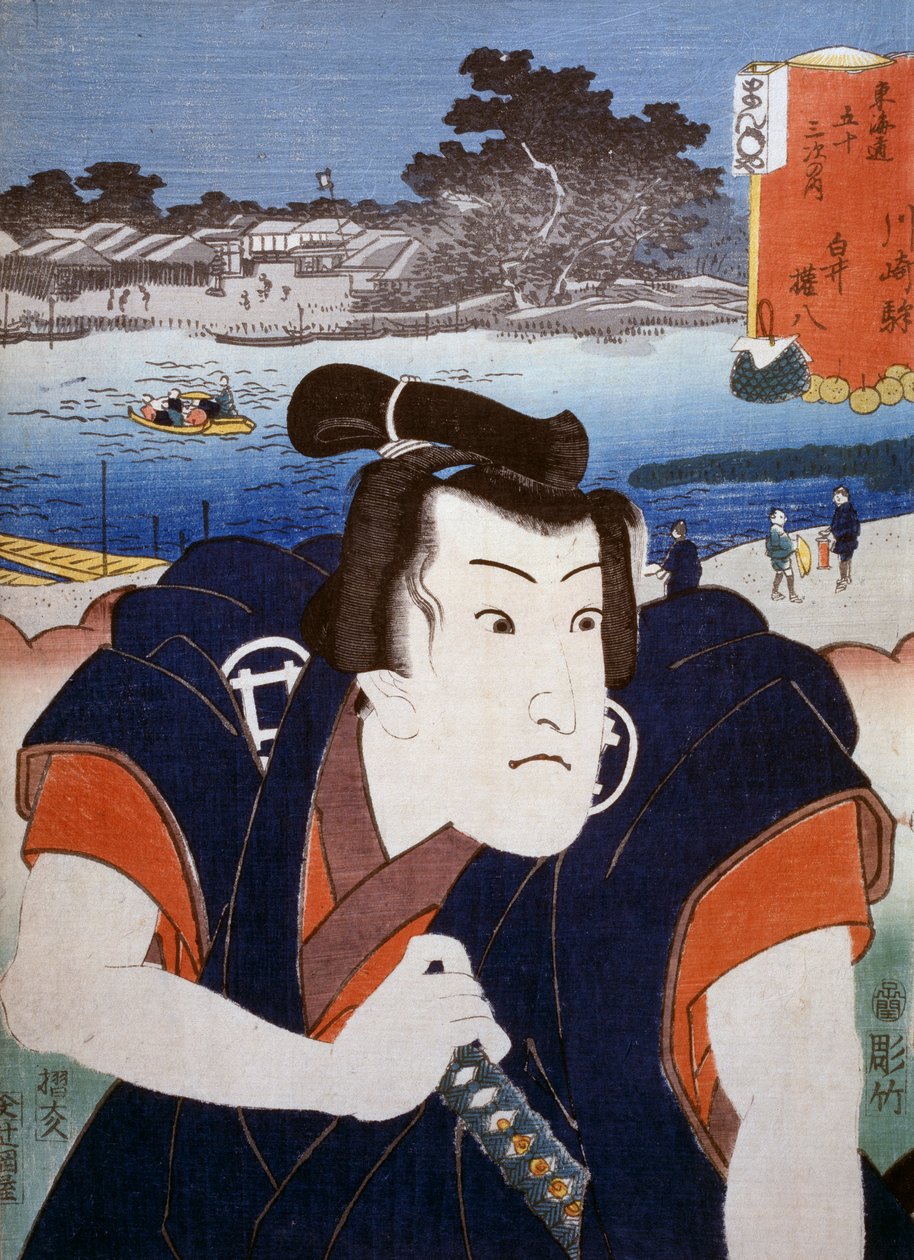 Porträtt av en Kabuki teaterskådespelare, ukiyo-e konsttryck av Utagawa Toyokuni (1769-1825), träsnitt. Japansk civilisation, Edo-perioden av Utagawa Toyokuni