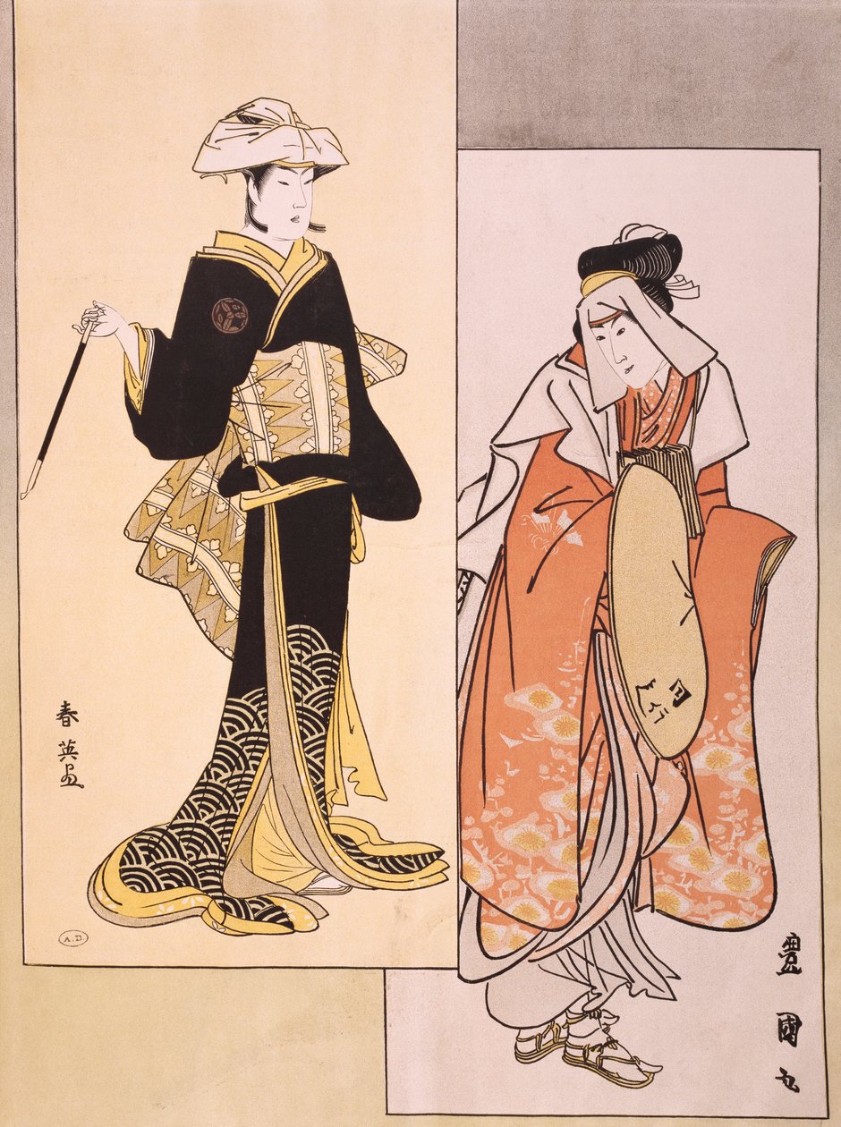 Porträtt av skådespelare på scen, cirka 1794-1796, ukiyo-e av Shun-Yei (sent 1700-tal) och Utagawa Toyokuni (1769-1825), reproduktion av träsnitt, japansk civilisation, Edo-perioden (1603-1868) av Utagawa Toyokuni