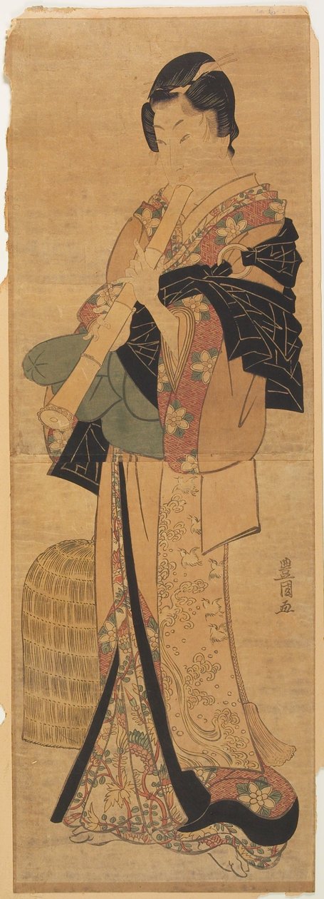 Wakashu verkleidet als bettelnder Priester, der Flöte spielt av Utagawa Toyokuni