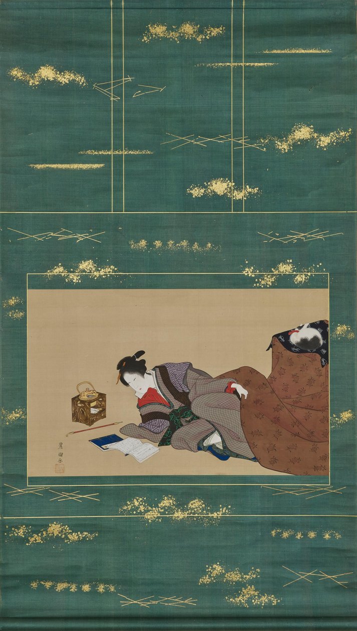 Kvinna som värmer sig vid en "kotatsu" av Utagawa Toyokuni