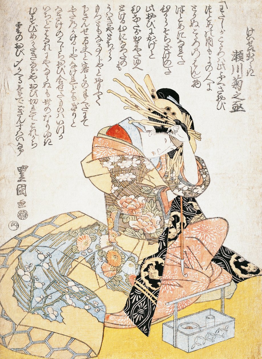 Kvinna med kalligrafiborste, av Utagawa Toyokuni, träsnitt av Utagawa Toyokuni