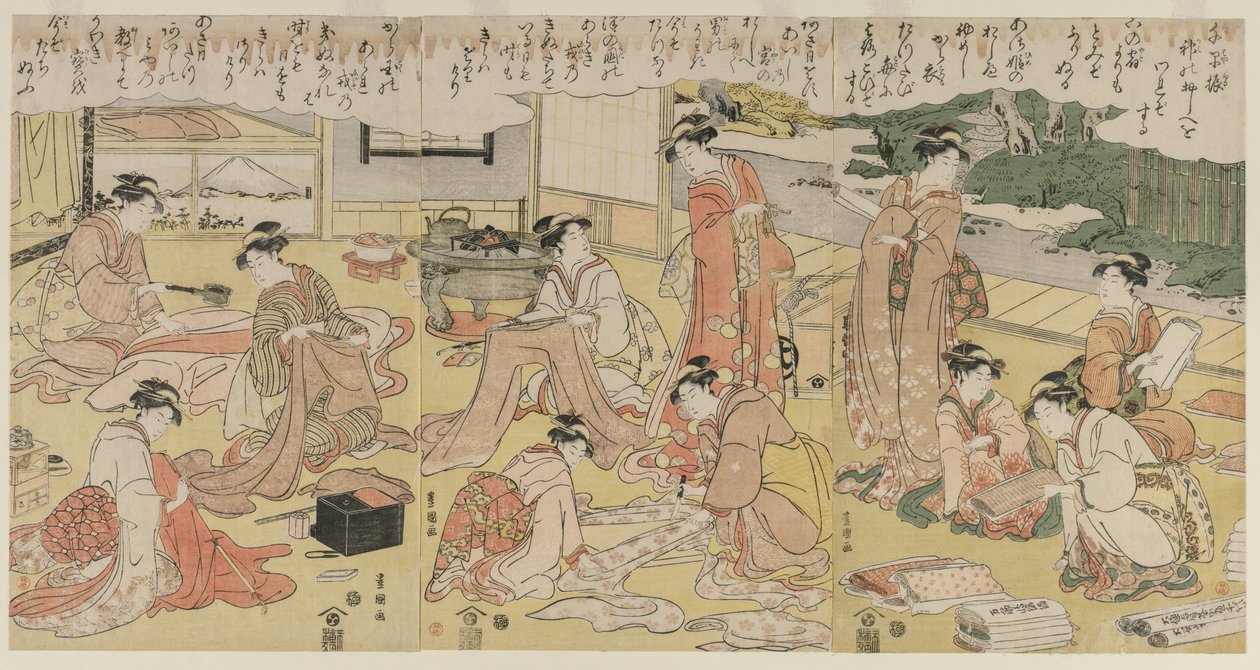 Kvinnor som gör kläder av Utagawa Toyokuni