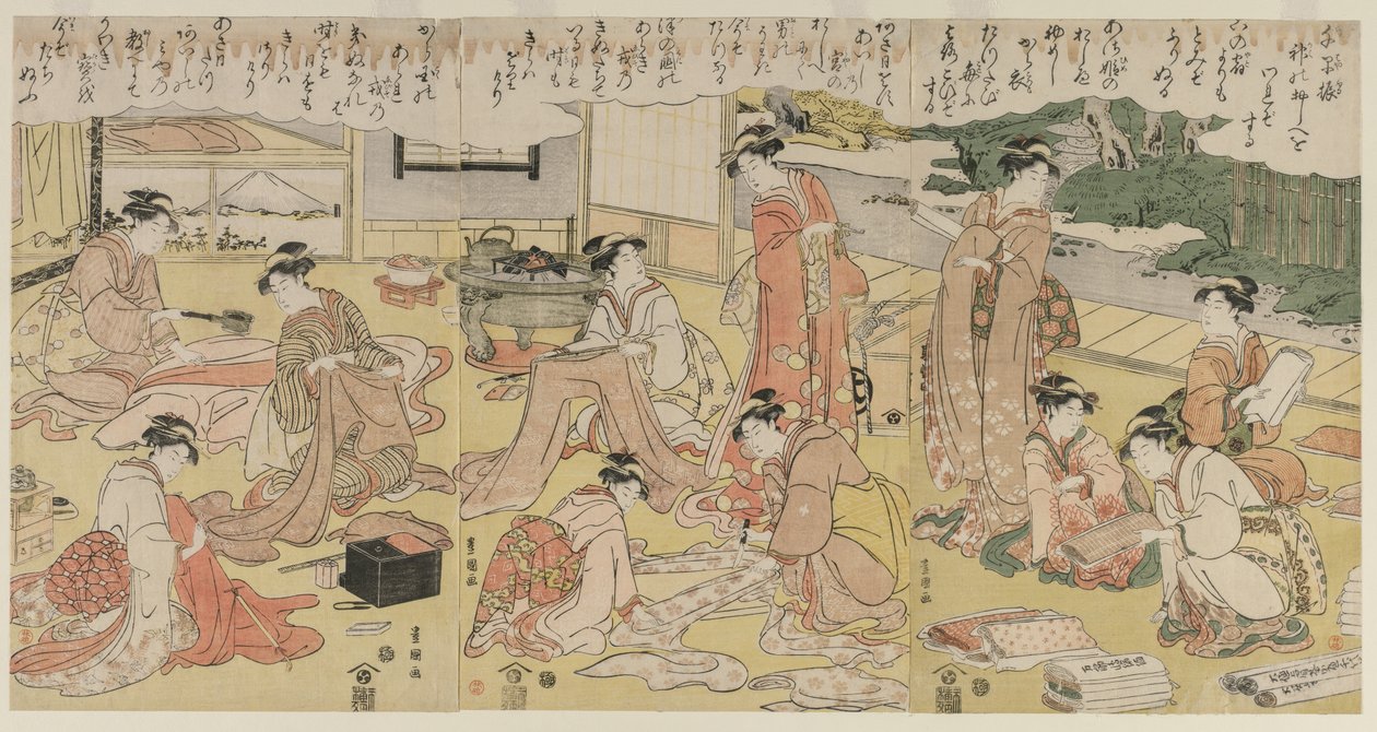 Kvinnor som tillverkar kläder, tidigt 1790-tal. av Utagawa Toyokuni