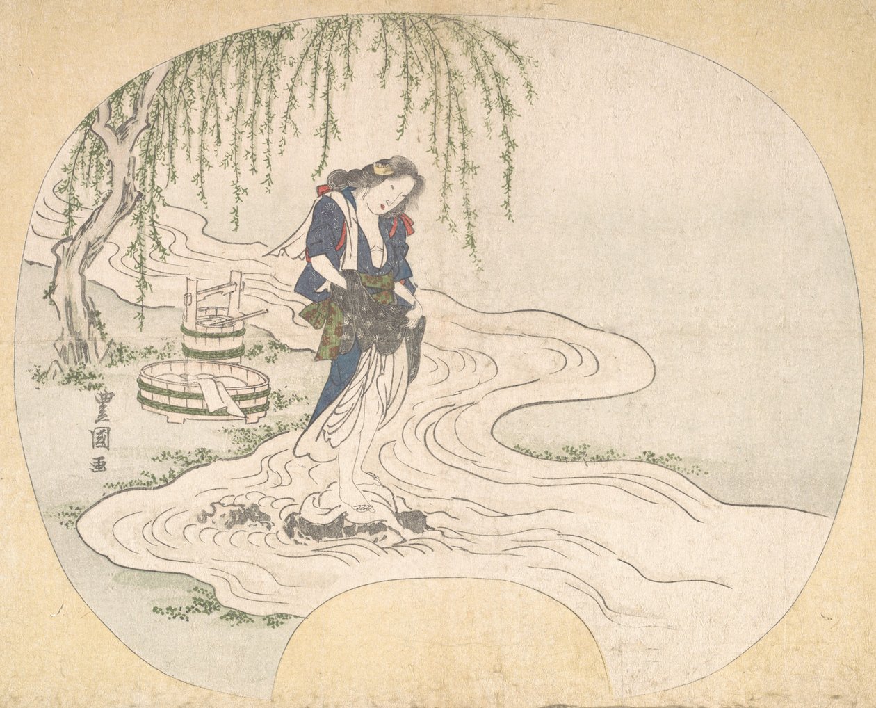 En kvinna står på en sten i en bäck och tvättar kläder, ca. 1828. av Utagawa Toyokuni II