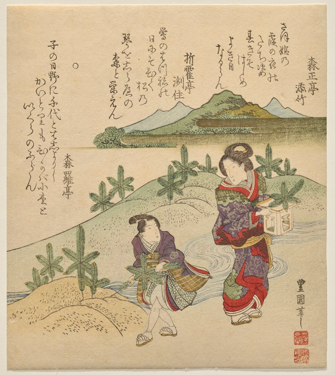 Ungt par som samlar nyår av Utagawa Toyokuni II