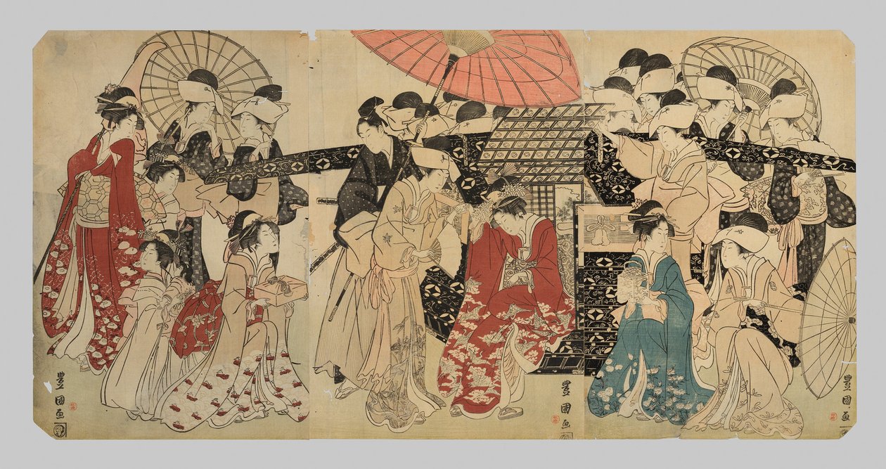 En prinsessa som reser med sina skötare härstammar från en palankin av Utagawa Toyokuni I