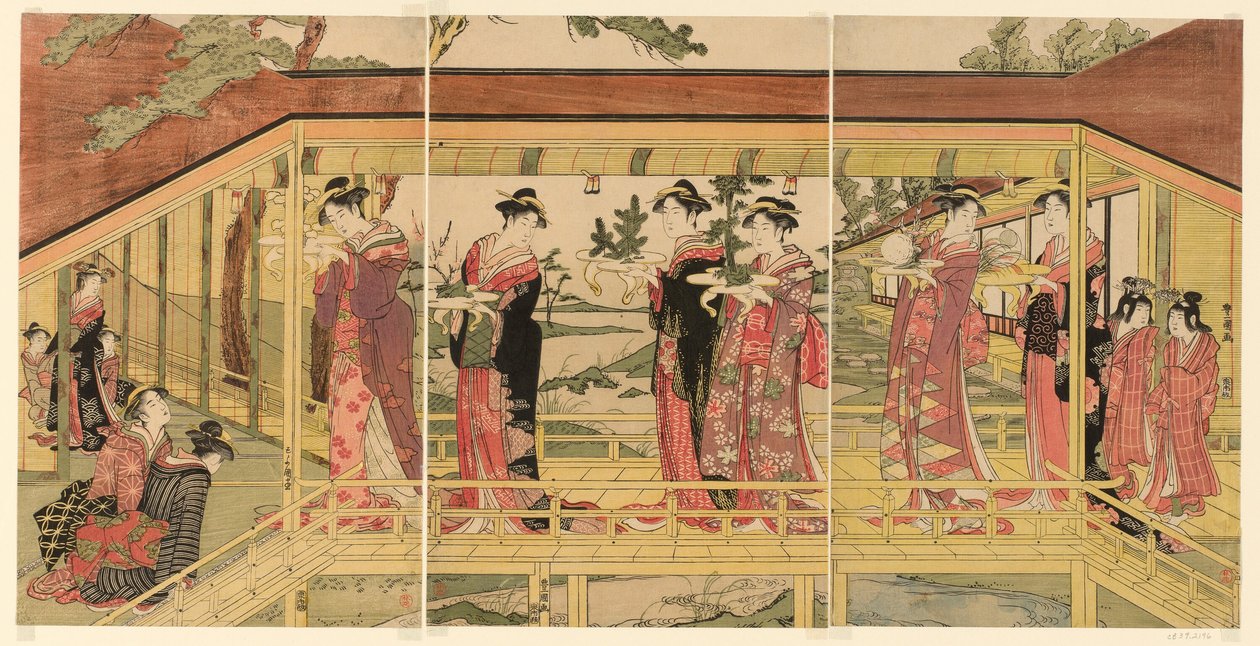 En procession av kvinnor som håller shimadai-dekorationer av Utagawa Toyokuni I