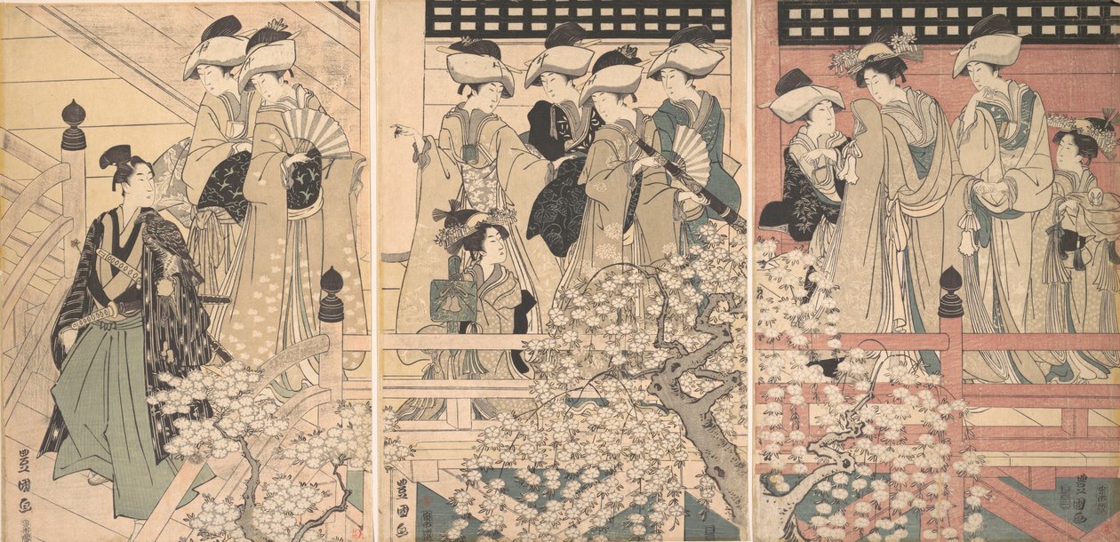 Skönheter på en veranda bland körsbärsblommor från vilken en samuraj går, ca. 1800. av Utagawa Toyokuni I