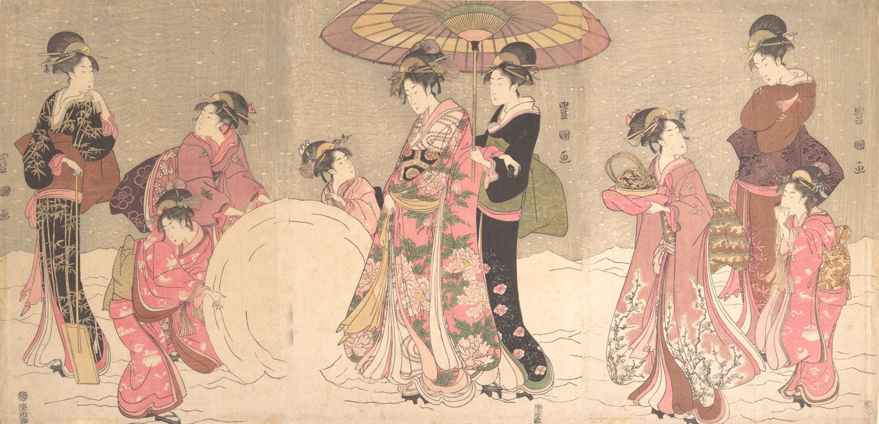 Kurtisaner och skötare gör en jättesnöboll, ca. 1796. av Utagawa Toyokuni I