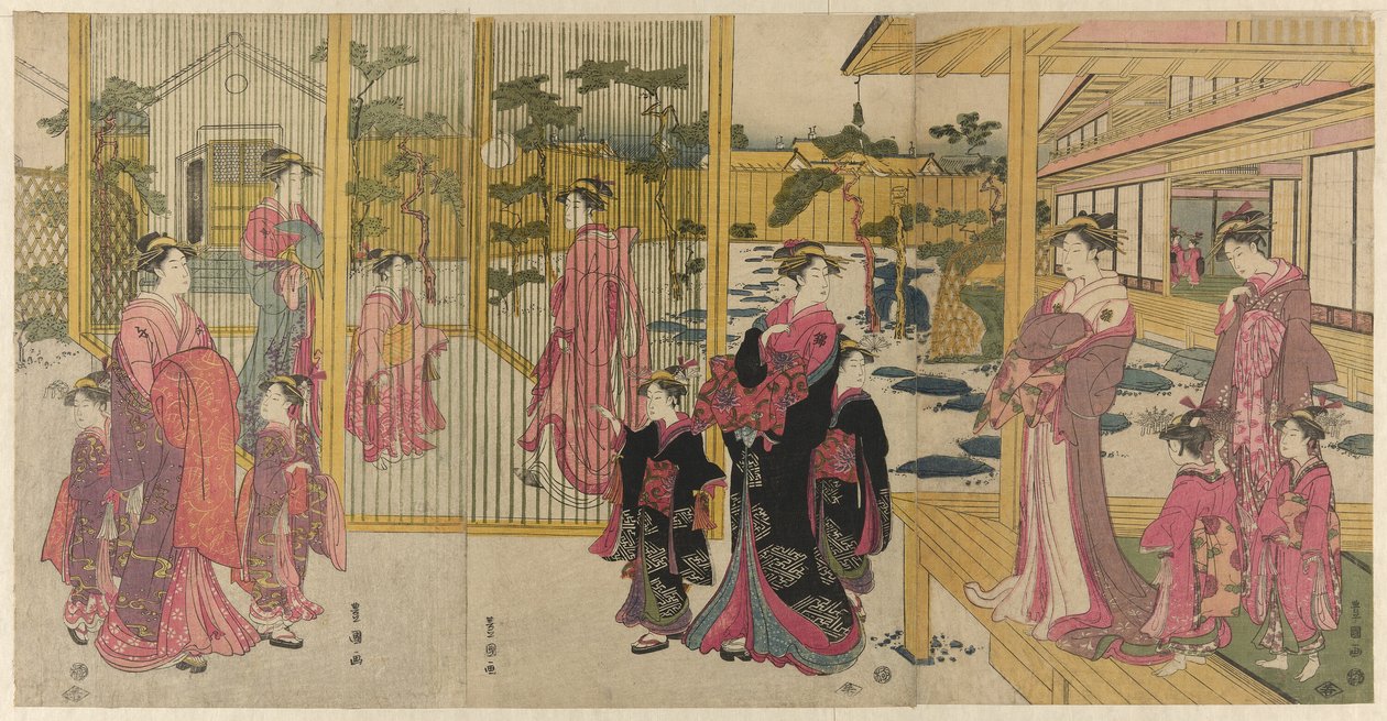 Kurtisaner från Chojiya och deras skötare spelar kemari av Utagawa Toyokuni I