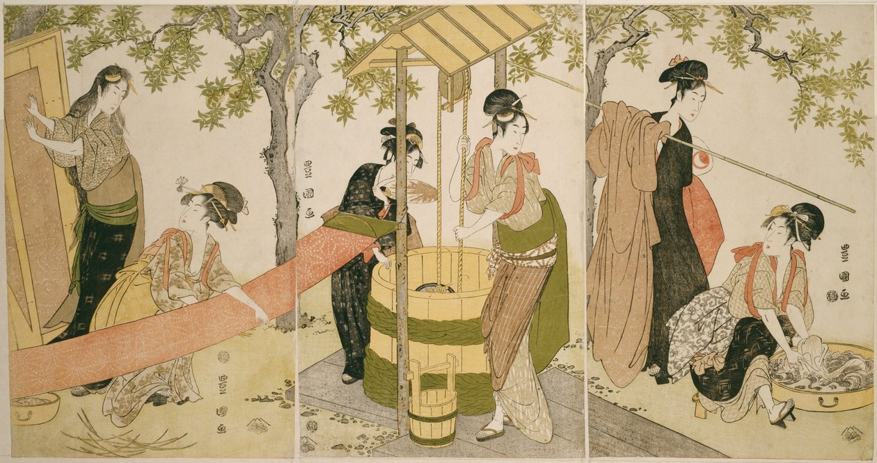 Tvätta vid brunnskanten (Idobata no sentaku to araihari) av Utagawa Toyokuni I