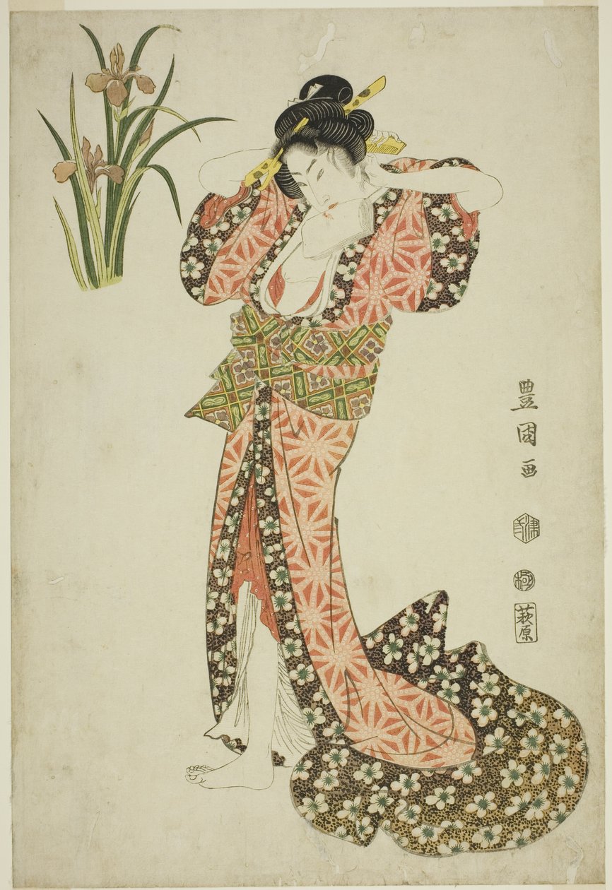 Iris: skönhetsarrangerande hår, från en namnlös serie av skönheter och blommor av Utagawa Toyokuni I