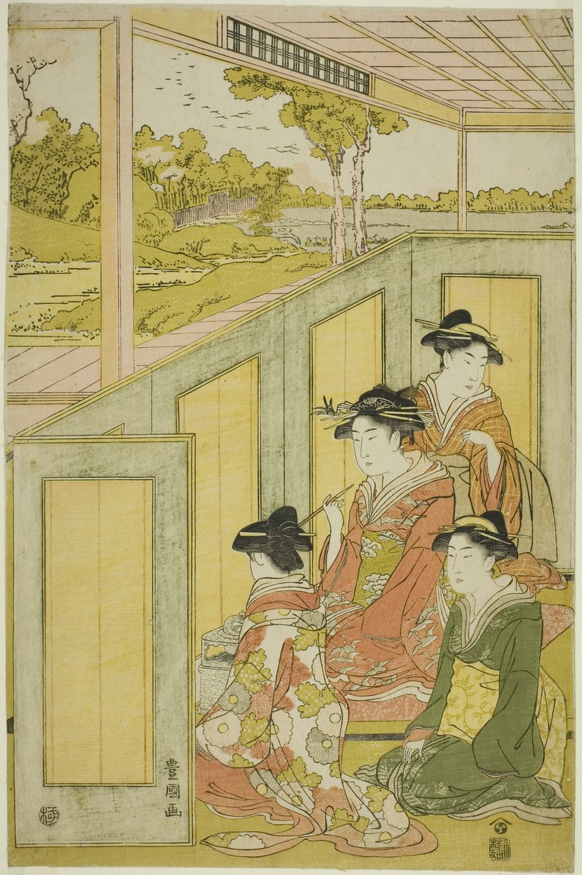 Damer bakom skärmen i en daimyos herrgård av Utagawa Toyokuni I