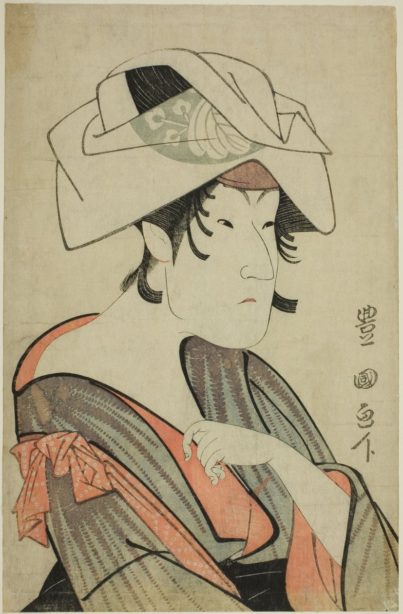 Nakayama Tomisaburo. Klädd som en kvinna som bär en handduk på huvudet av Utagawa Toyokuni I