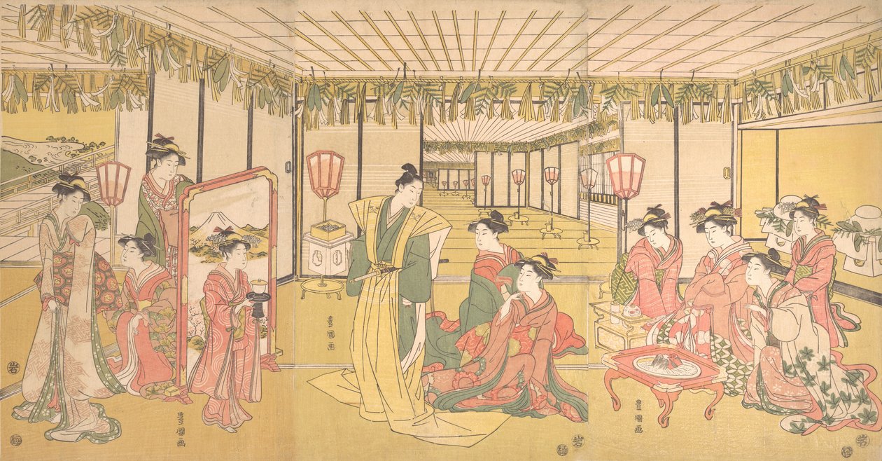 Nyårsfirande i en stor herrgård, ca. 1791. av Utagawa Toyokuni I