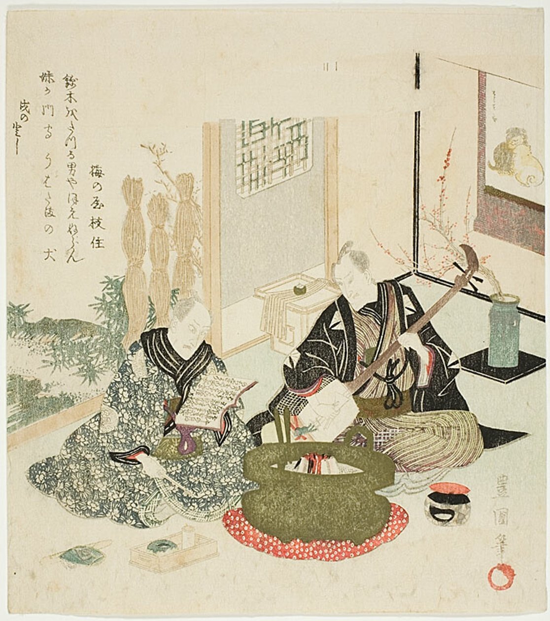 Läsa och spela shamisen på vintern av Utagawa Toyokuni I