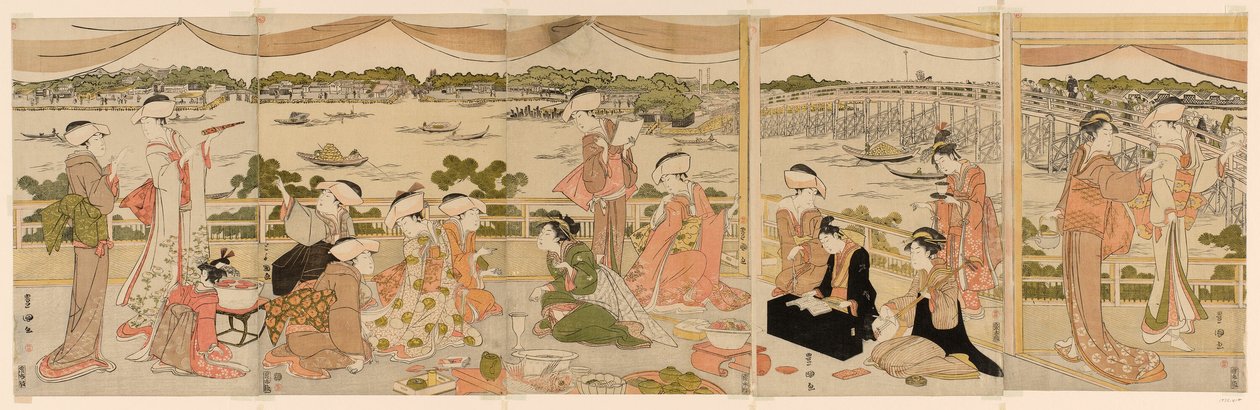 Recital på en veranda med utsikt över Sumidafloden av Utagawa Toyokuni I