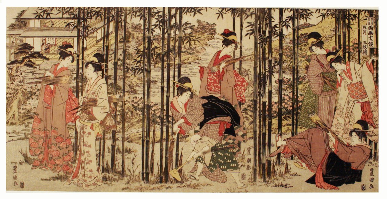 Den femte månaden, en uppsättning av tre (Gogatsu sambukutsui), från serien "Twelve Months by the Twin Brushes of Toyohiro and Toyokuni" av Utagawa Toyokuni I