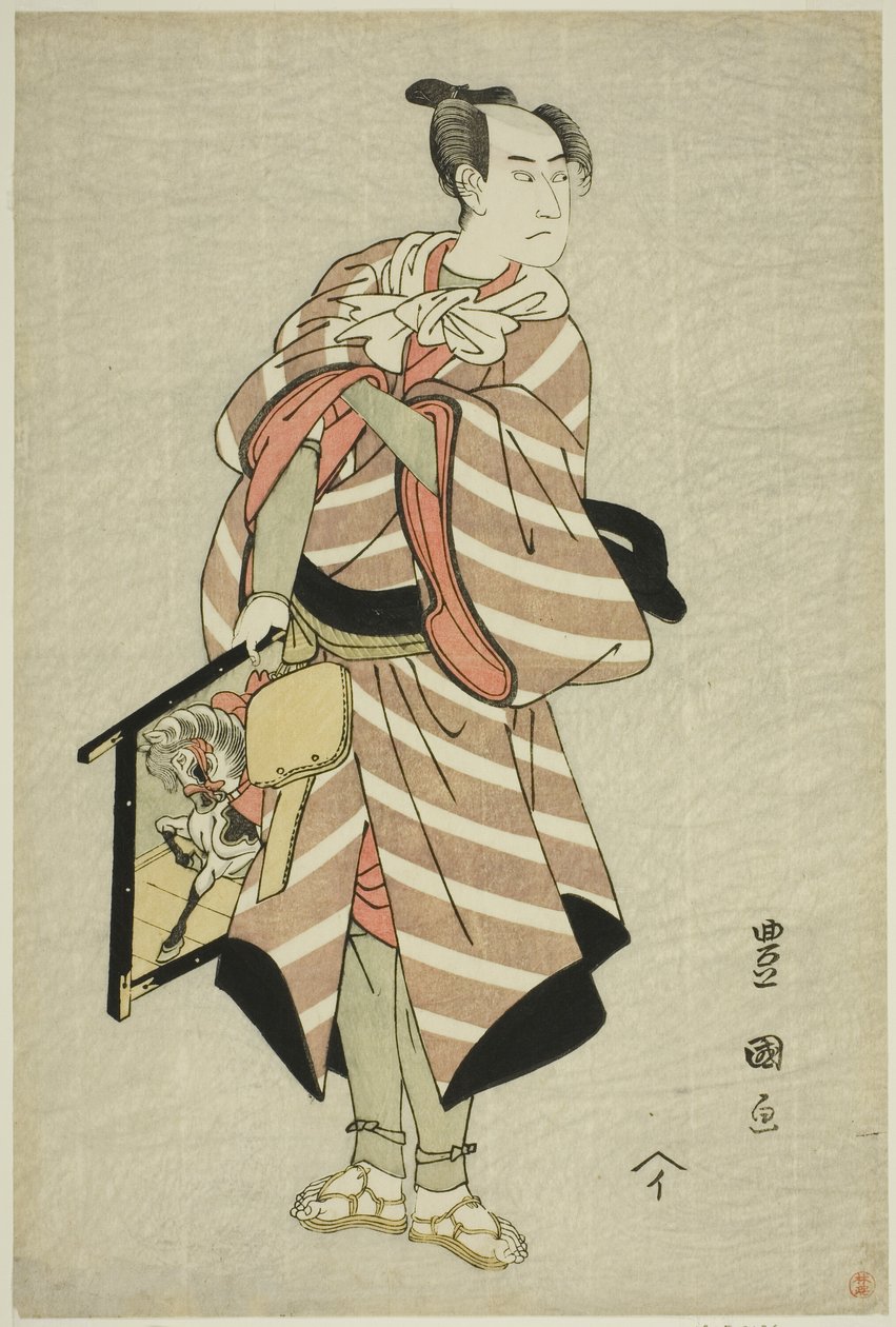 Skådespelaren Sawamura Sojuro III som packhästmannen Muchizo i pjäsen "Miyamairi Musubi no Kamigaki", uppträdde på Kiri Theatre i den elfte månaden, 1797 av Utagawa Toyokuni I