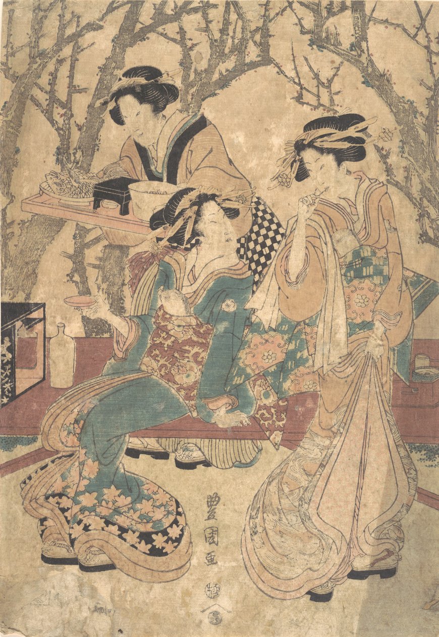 Tre kvinnor som äter framför en grupp träd. av Utagawa Toyokuni I